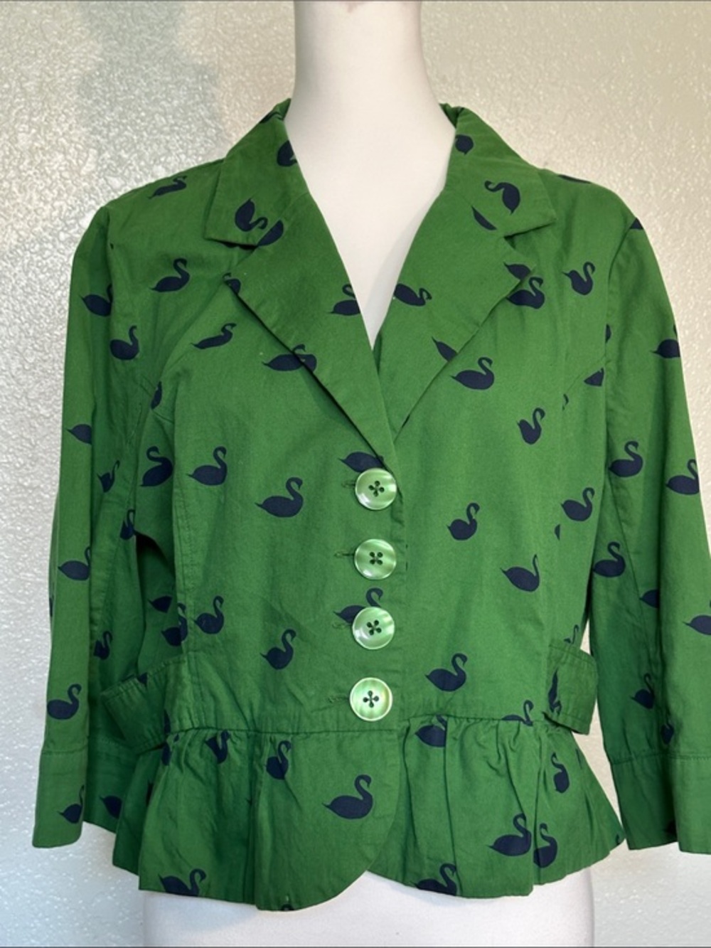 Knitted Dove Green Swan Duck Print Peplum Blazer Jacket L
